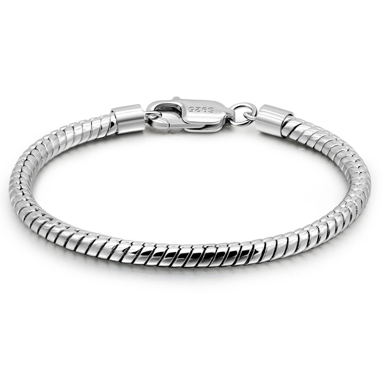 Dankadi Italy Smooth 3MM 4MM Round Snake Chain Bracelet Solid 925 Sterling Silver Men Women 6.3" 6.7" 7" 7.5" 8" 8.5" 9" 9.5" Bangle Charm Jewelry Gift (4MM, 6.7 inches)