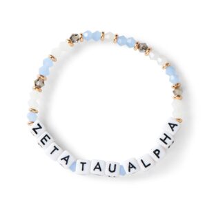 sorority shop zeta tau alpha bracelet — glass bead bracelet with zta name beads and 18k gold accent beads, greek sorority jewelry for big little sorority gifts