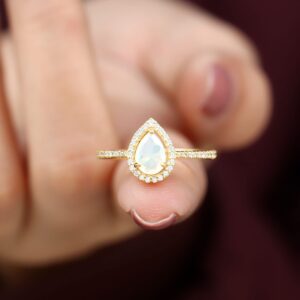 Rosec Jewels Natural Ethiopian Opal Halo Engagement Ring with Diamond | 5X7 MM | AAA Quality, 14K Yellow Gold, Size:US 5.50