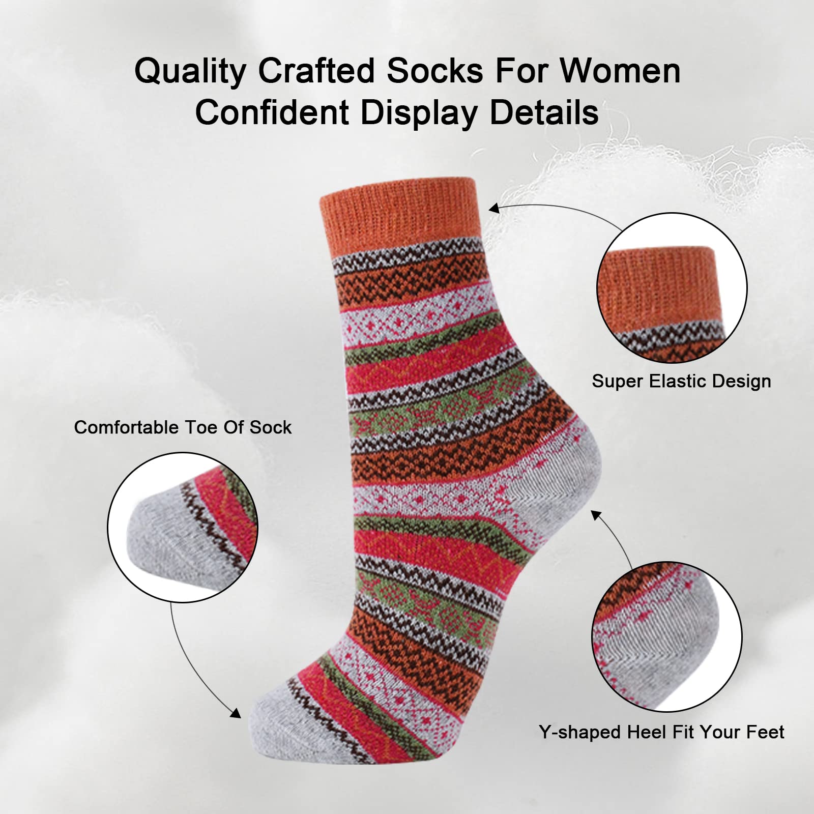 YANGYANG Wool Socks for Women, 5 Pairs Winter Warm Thick Crew Knit Socks Vintage Cozy Soft Cute Nordic Cabin Gifts