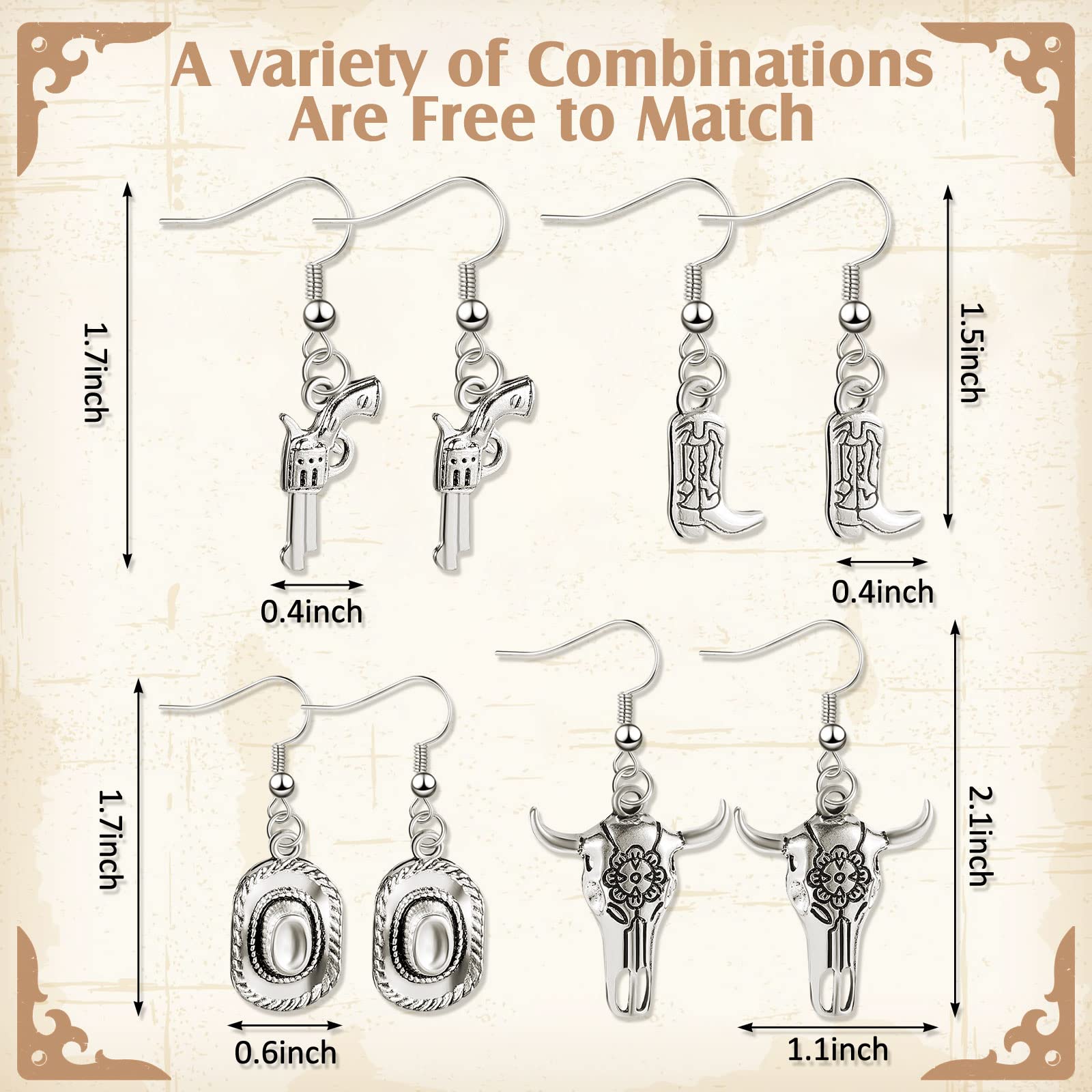 4 Pairs Cowgirl Boot Hat Western Earrings for Women Cowboy Hat Boho Dangle Earrings Western Drop Earrings for Ladies (Stylish)