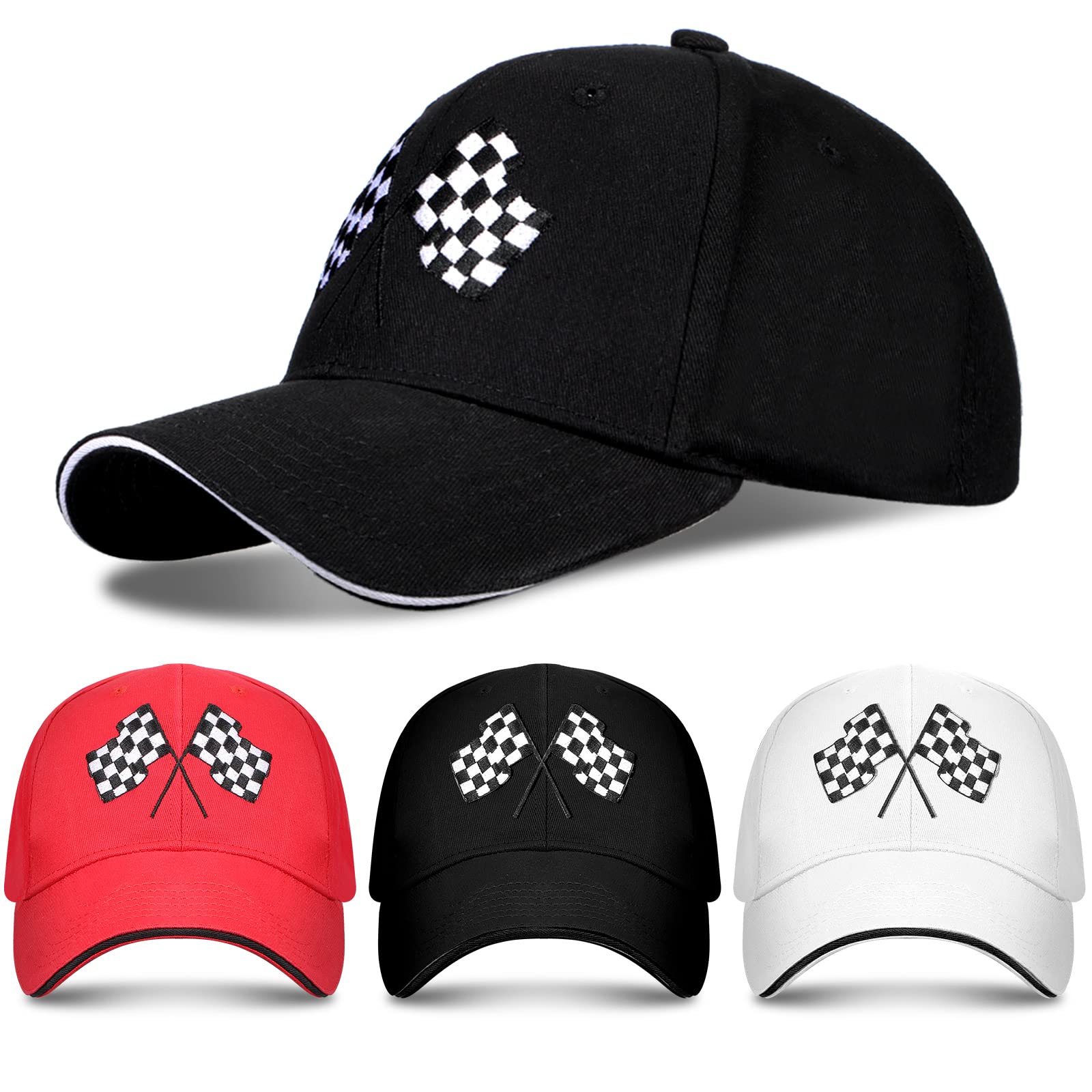 3 Pieces Baseball Cap for Men Women Checkered Flags Race Car Flag Adjustable Washable Trucker Hat Embroidery Unisex Dad Hat Sports Cap, White, Red, Black