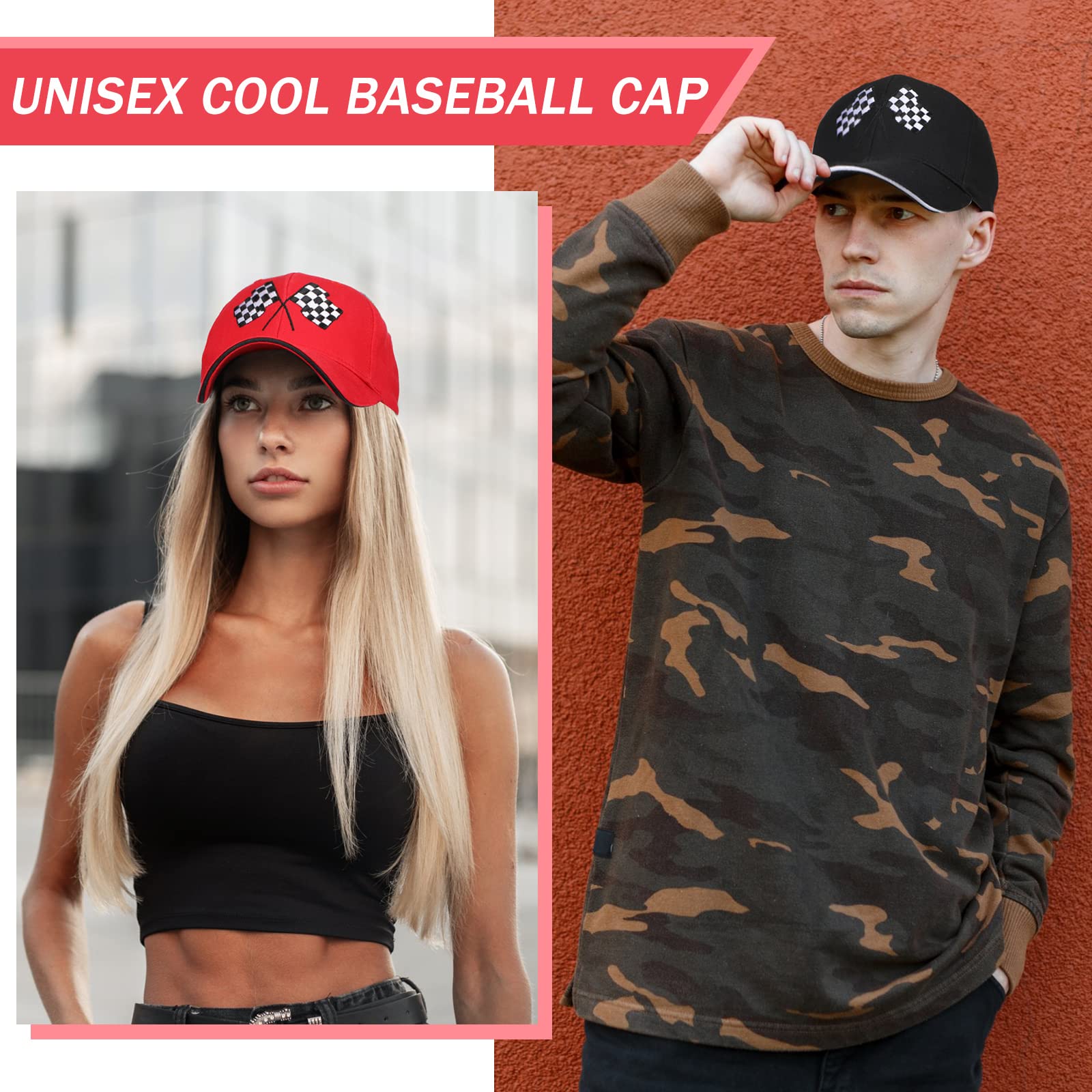 3 Pieces Baseball Cap for Men Women Checkered Flags Race Car Flag Adjustable Washable Trucker Hat Embroidery Unisex Dad Hat Sports Cap, White, Red, Black