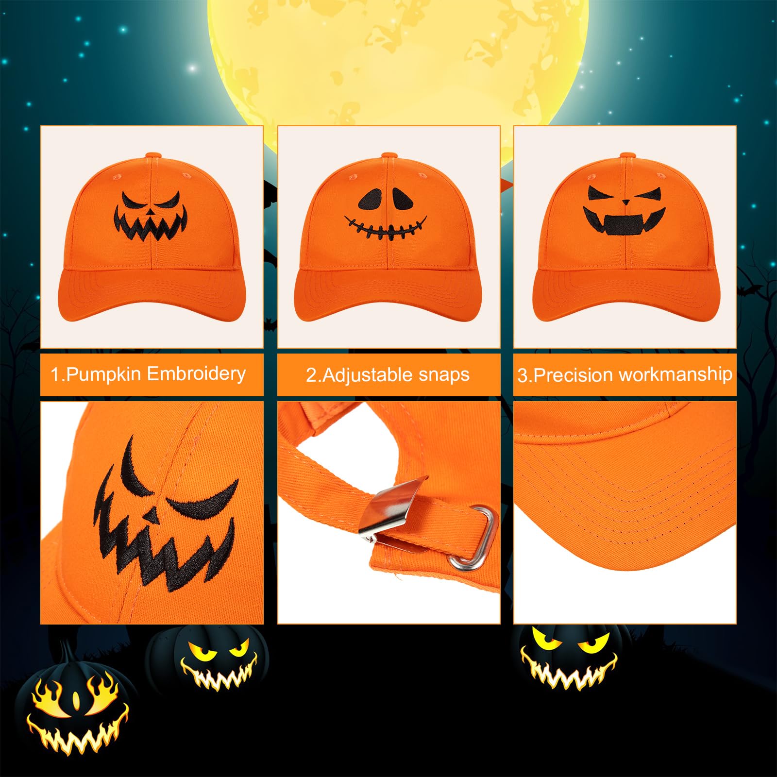 3 Pieces Halloween Pumpkin Baseball Caps Unisex Adjustable Embroidery Pumpkin Face Dad Hat Cotton Cute Trucker Cap(Orange)