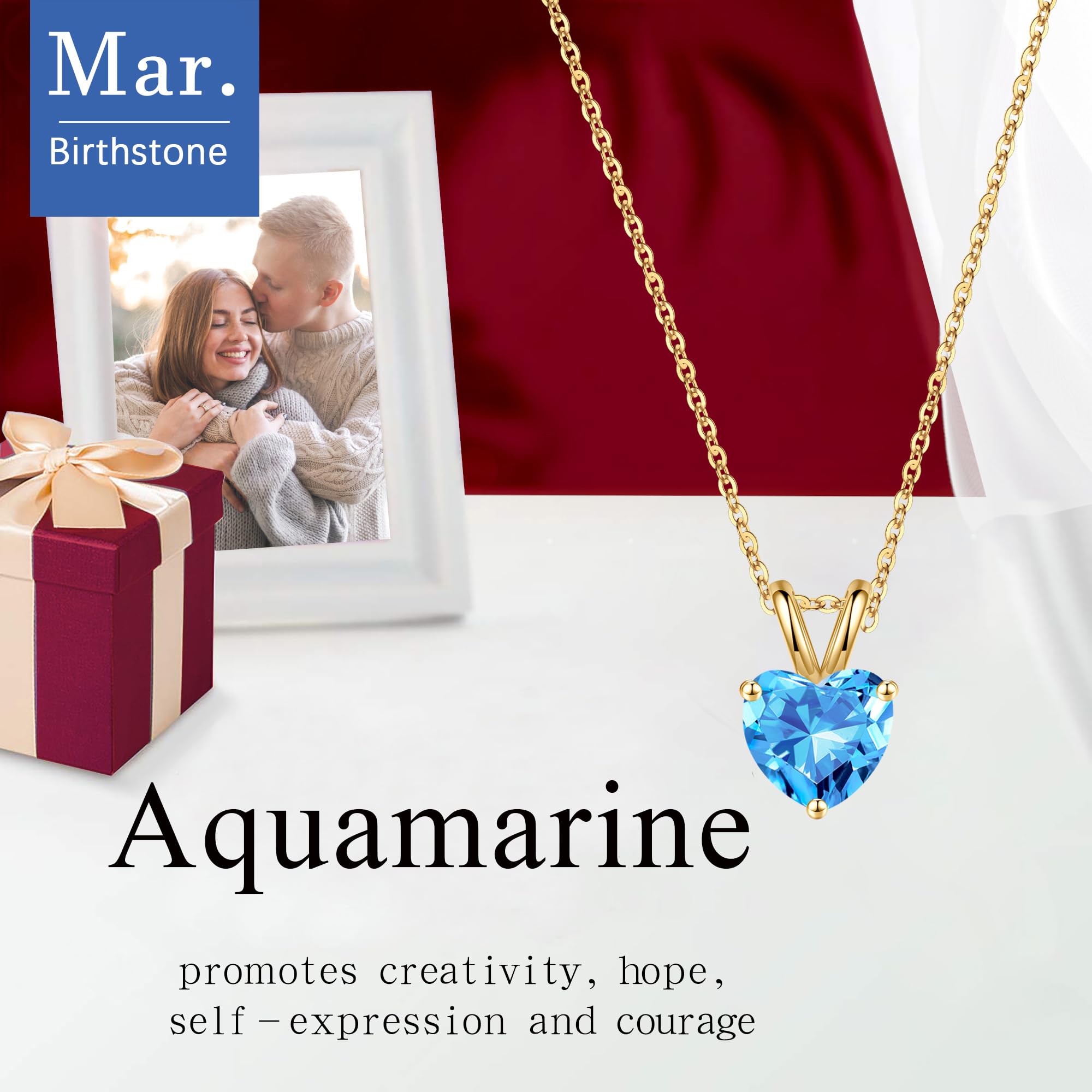 SMILEST March Birthstone Necklace for Women, Sparkle Solitaire Heart Cut Aquamarine Necklace Hypoallergenic 18K Gold Plated 925 Sterling Silver March Birthstone Jewelry Gifts for Mom Wife Grandma