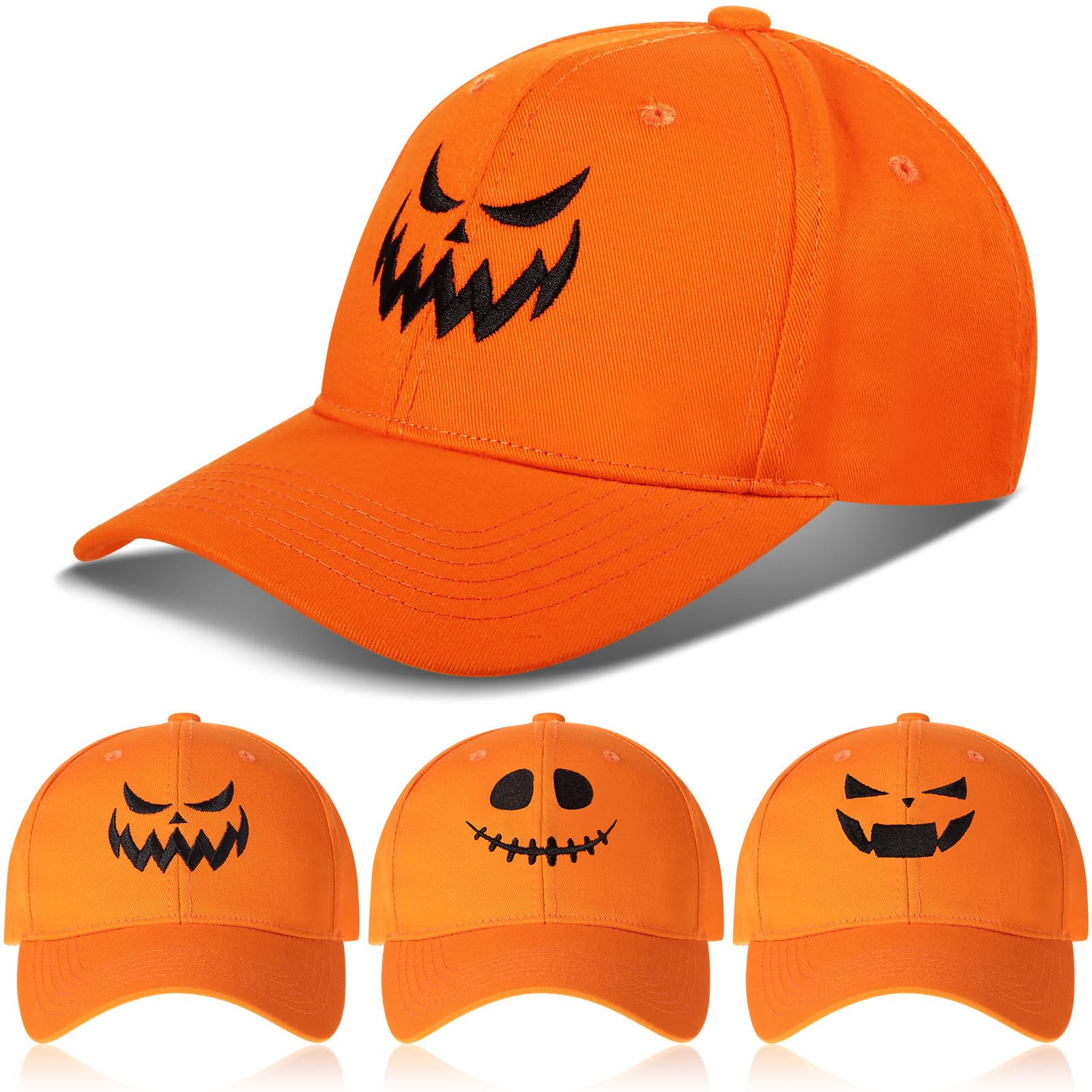 3 Pieces Halloween Pumpkin Baseball Caps Unisex Adjustable Embroidery Pumpkin Face Dad Hat Cotton Cute Trucker Cap(Orange)