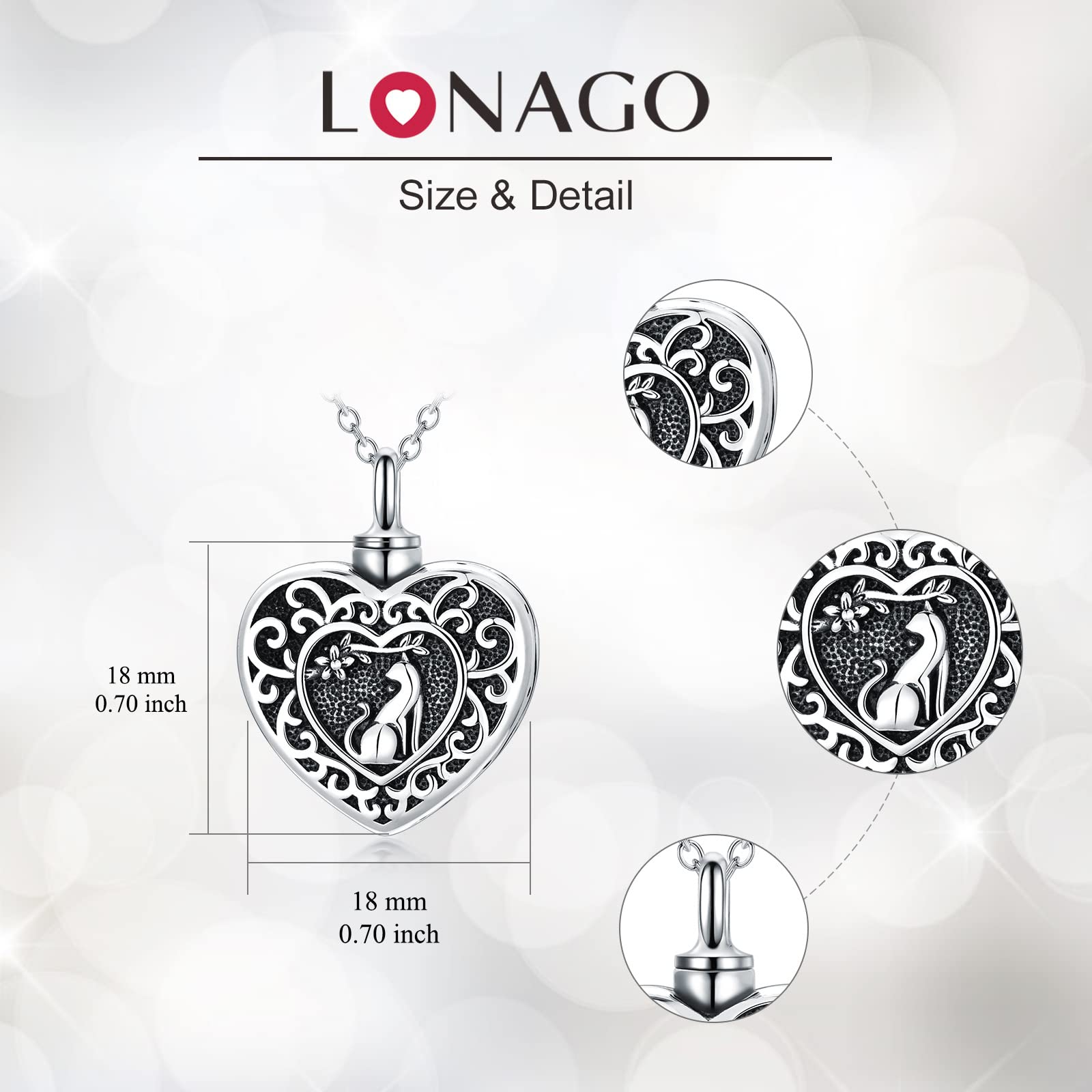 LONAGO Urn Necklace for Cat 925 Sterling Silver Always in My Heart Cat Ashes Memorial Pendant Necklace Jewelry