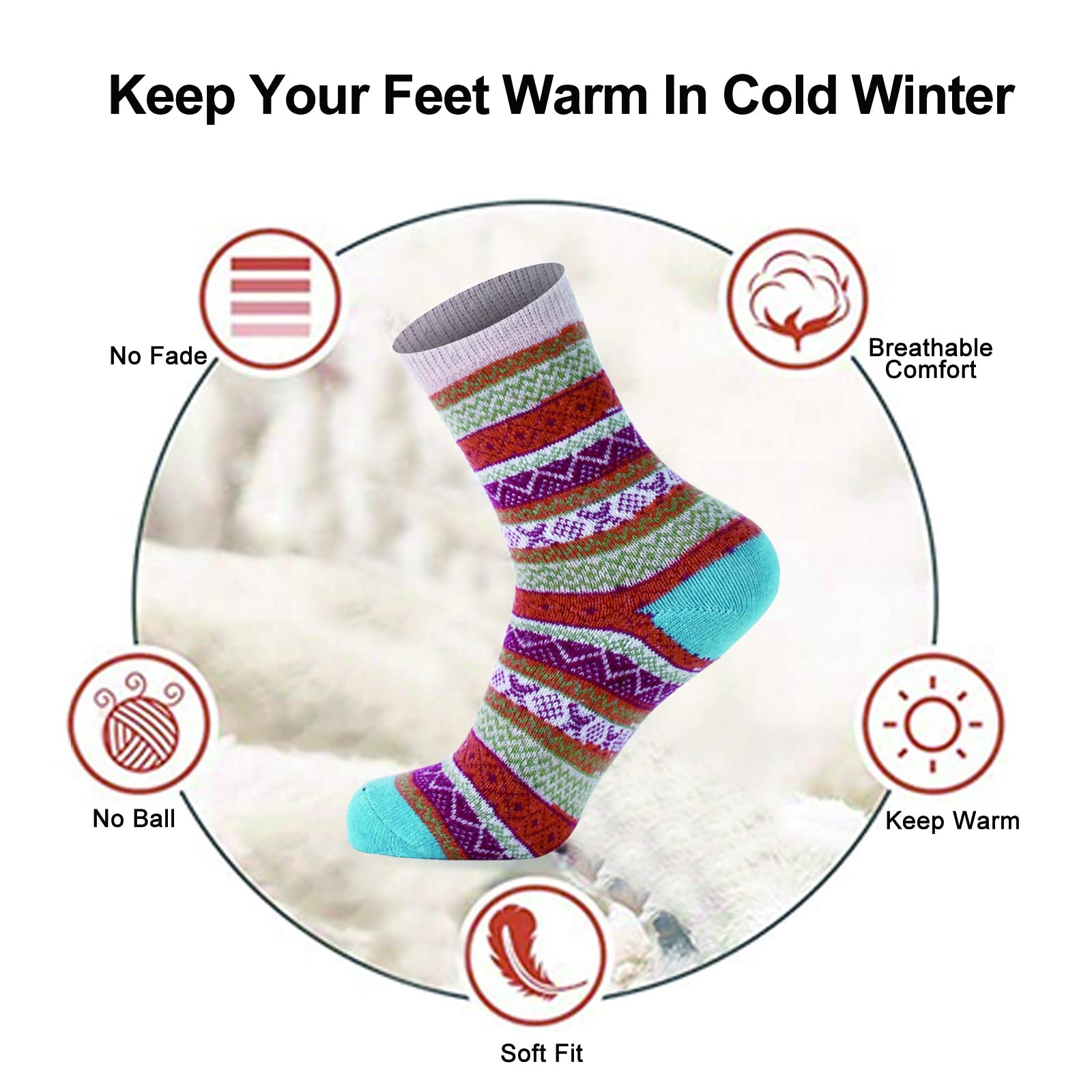 YANGYANG Wool Socks for Women, 5 Pairs Winter Warm Thick Crew Knit Socks Vintage Cozy Soft Cute Nordic Cabin Gifts