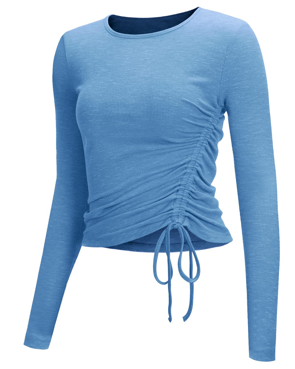 Yoga Tops for Women Ruched Long Sleeve(Blue,S)