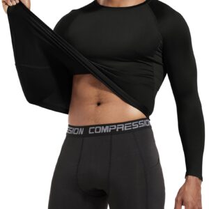 Men's (Pack of 3) Cool Dry Compression Long Sleeve Sports Baselayer T-Shirts Tops Black/White/Camo Black-L