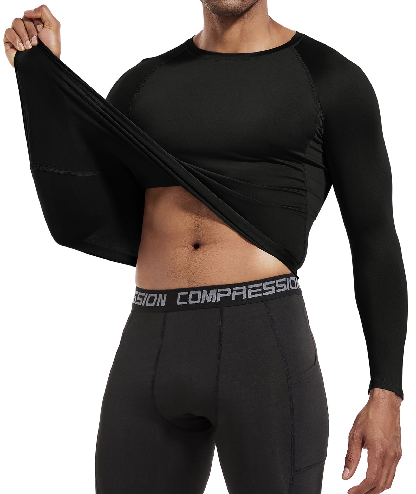 Men's (Pack of 3) Cool Dry Compression Long Sleeve Sports Baselayer T-Shirts Tops Black/White/Camo Black-L