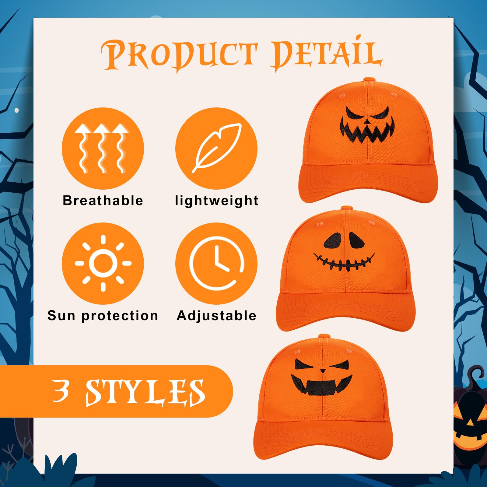 3 Pieces Halloween Pumpkin Baseball Caps Unisex Adjustable Embroidery Pumpkin Face Dad Hat Cotton Cute Trucker Cap(Orange)