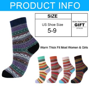 YANGYANG Wool Socks for Women, 5 Pairs Winter Warm Thick Crew Knit Socks Vintage Cozy Soft Cute Nordic Cabin Gifts