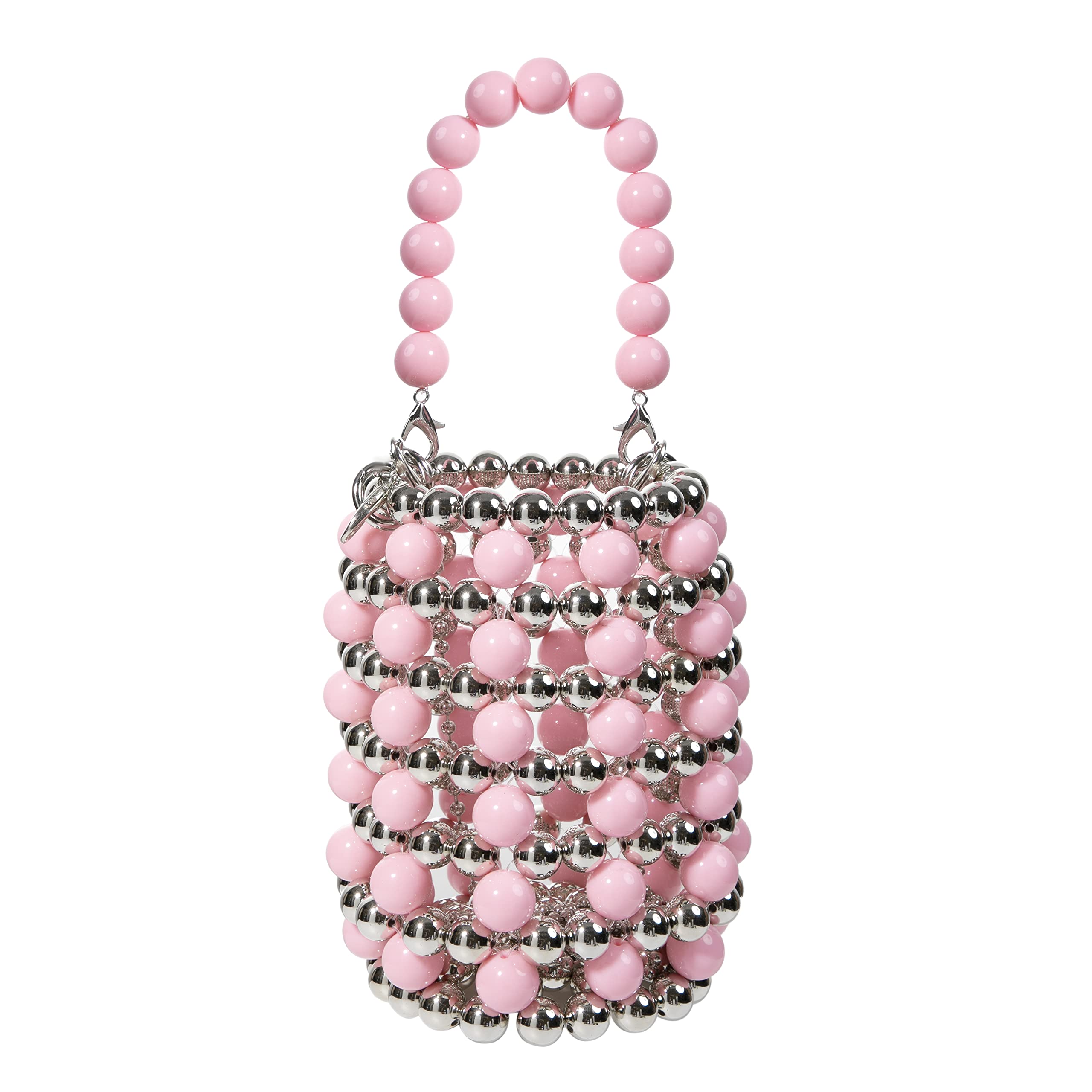 Abvokury YUSHINY Silver Acrylic Beaded Small Colored Bucket Evening Handbag with Detachable Strap Chain (Pink)