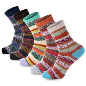 yangyang wool socks for women, 5 pairs winter warm thick crew knit socks vintage cozy soft cute nordic cabin gifts