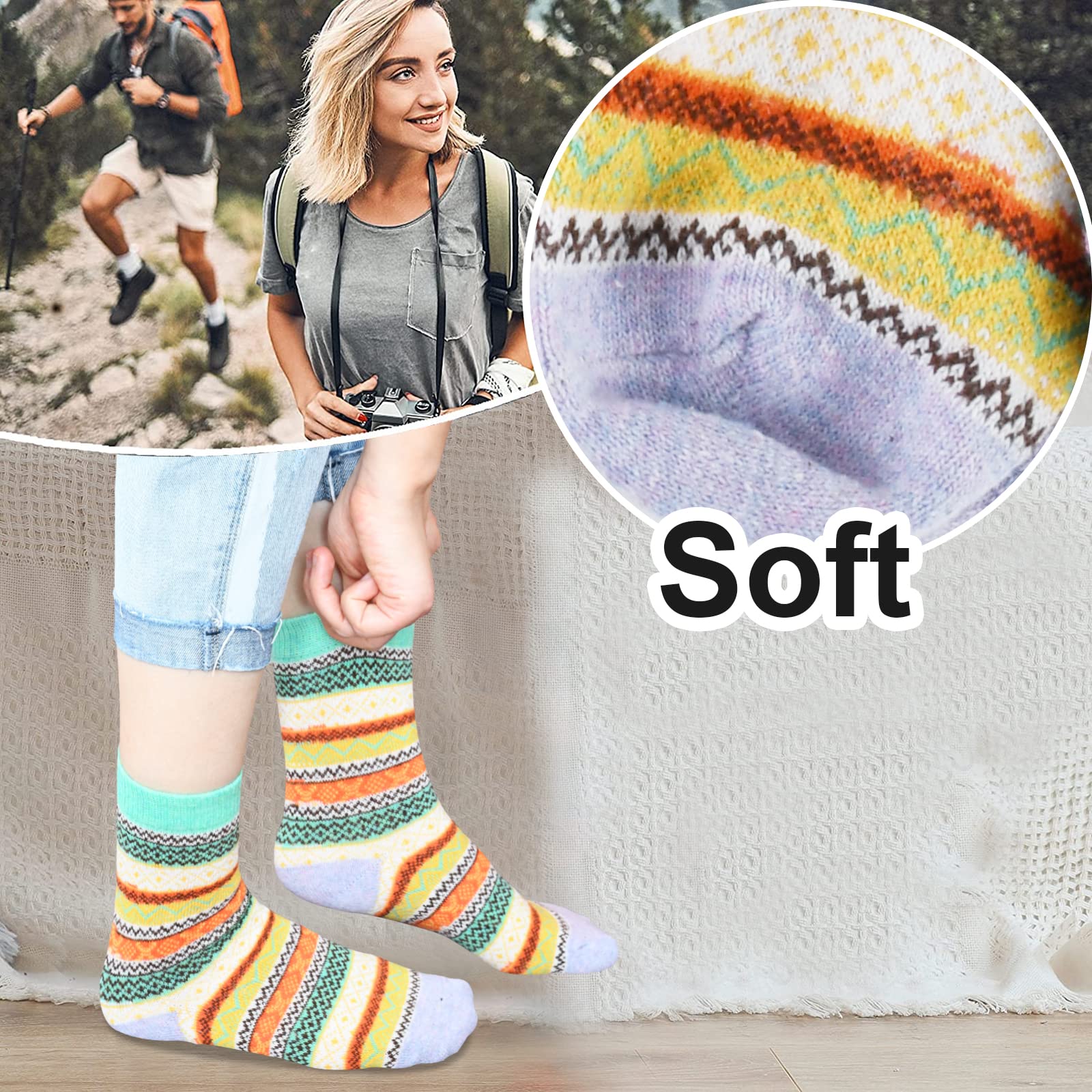 YANGYANG Wool Socks for Women, 5 Pairs Winter Warm Thick Crew Knit Socks Vintage Cozy Soft Cute Nordic Cabin Gifts