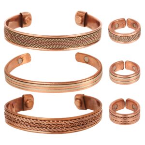 Touchstone Handcrafted Copper Magnetic Hand Forged with Solid and High Gauge Spiral Wire Braided Minimalistic 3 Bracelets and Matching Finger Combo in Two Tones for All