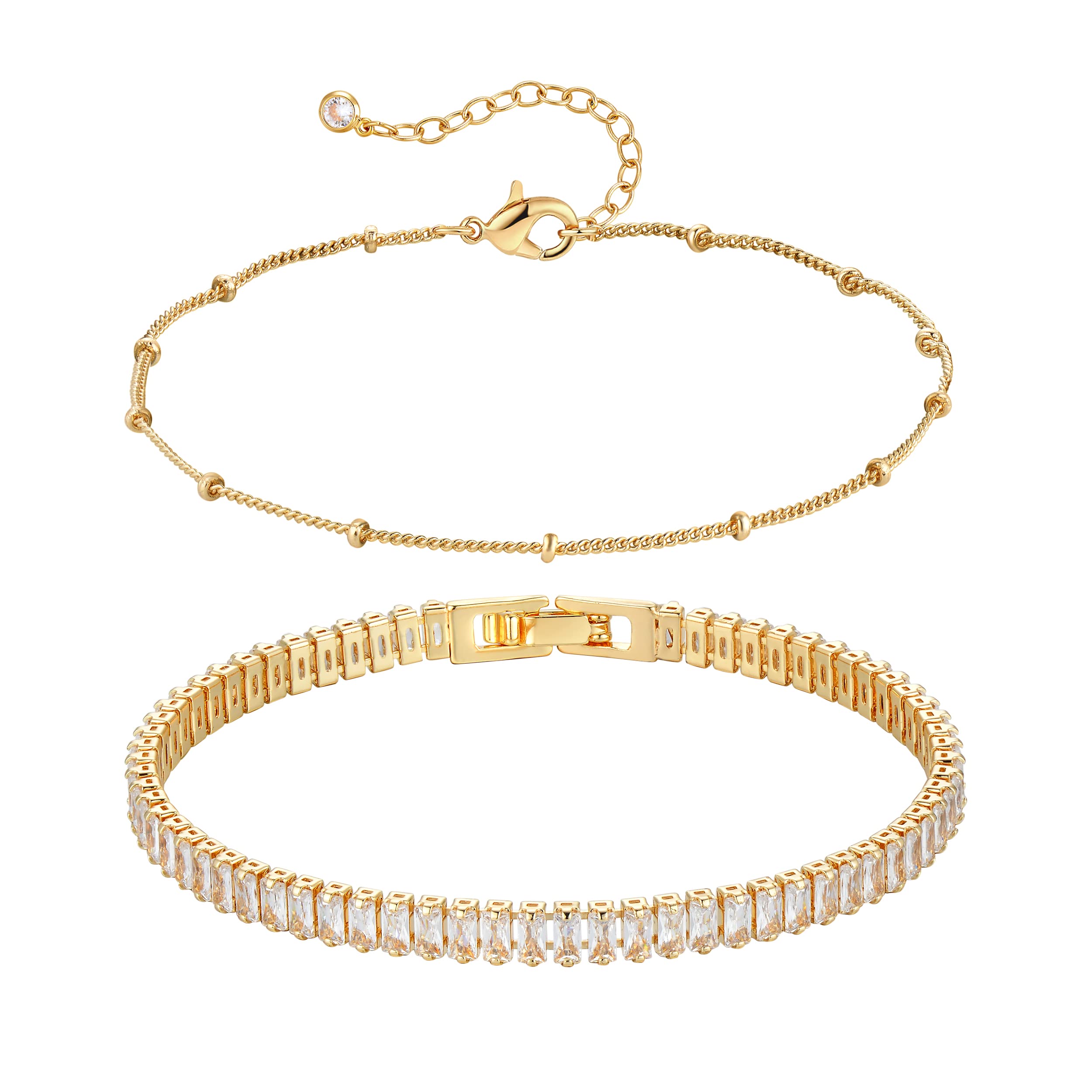 TONTMY STUDIOS Bracelet for Women Gold Layered Set Tennis CZ 2 Layer Bracelets 14K Gold Filled Simple Dainty Satellite Chain Everyday Minimalist Bracelet Jewelry