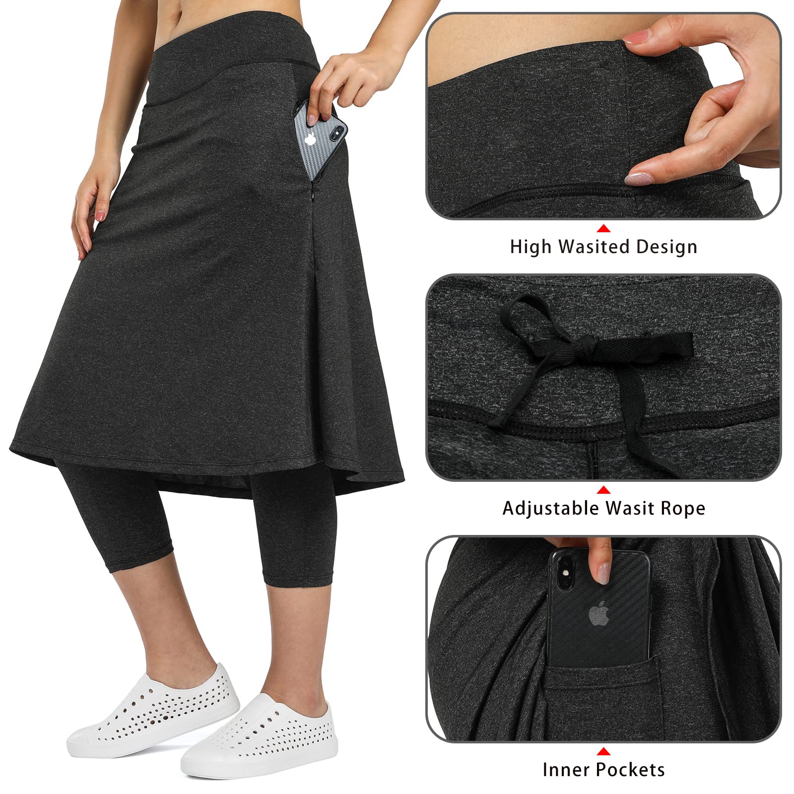 Women Knee Length Skirts with Leggings,Skirted Leggings Skorts Capris for Women Long Skorts Skirts Zipper Pockets(Black Charcoal M)