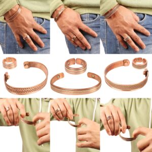 Touchstone Handcrafted Copper Magnetic Hand Forged with Solid and High Gauge Spiral Wire Braided Minimalistic 3 Bracelets and Matching Finger Combo in Two Tones for All