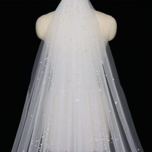 Wedding Accessory Luxury Off White Rhinestones Pearl Beads 3.5 Meter Long Wedding Veil with Comb Cathedral Veil Headwear Bridal Accessories (Color : Off White)