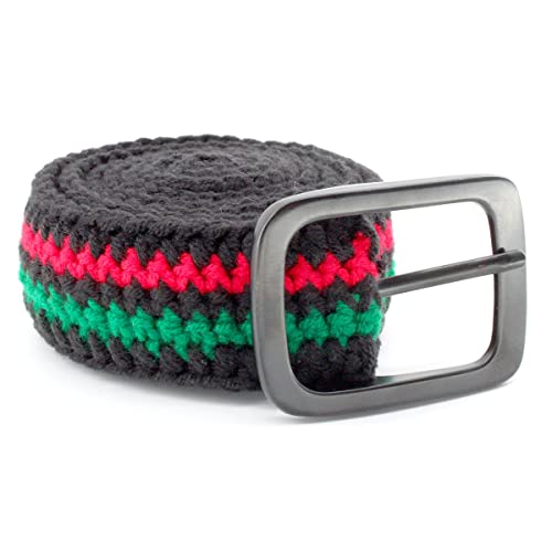 VOARYISA Hand Knitted Cotton Women's Belt With Black Zinc Alloy Buckle Jamaican Rasta Afro Caribbean (Afro)