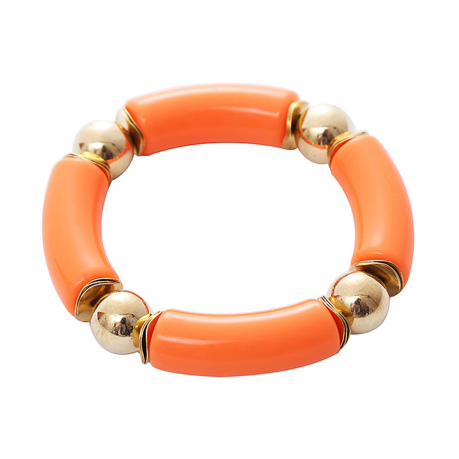 Gold Plated Beaded Acrylic Bamboo Tube Bangle Bracelets Colorful Summer Beach Chunky Curved Tube Stretch Bracelet for Women Stacking Friendship Jewelry-G orange