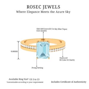 Rosec Jewels Natural Sky Blue Topaz Solitaire Engagement Ring with Diamond | 2.25 CT | AAA Quality, 14K Yellow Gold, Size:US 11.00