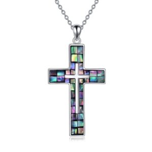 YFN Cross Necklace Sterling Silver Abalone Shell Cross Pendant Religious Jewelry Gifts for Women Men