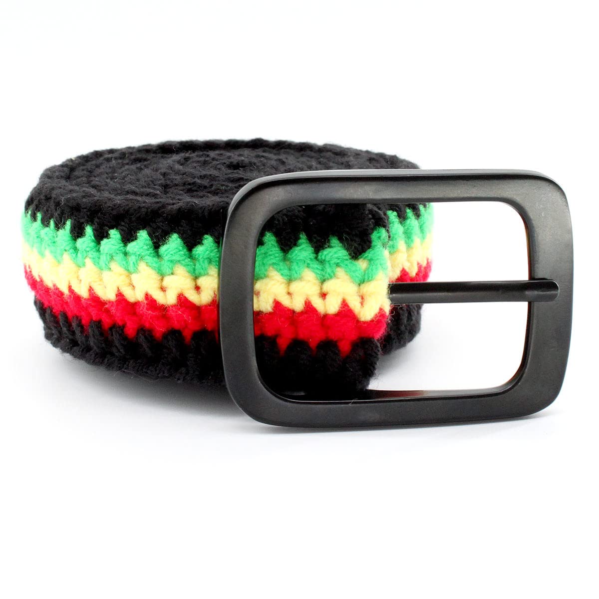 VOARYISA Hand Knitted Cotton Women's Belt With Black Zinc Alloy Buckle Jamaican Rasta Afro Caribbean (Rasta)