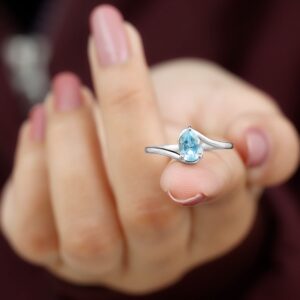 Rosec Jewels Natural Sky Blue Topaz Solitaire Engagement Ring, AAA Quality, Certified Topaz Bypass Ring - Ready to Gift, 14K White Gold, Size:US 4.00