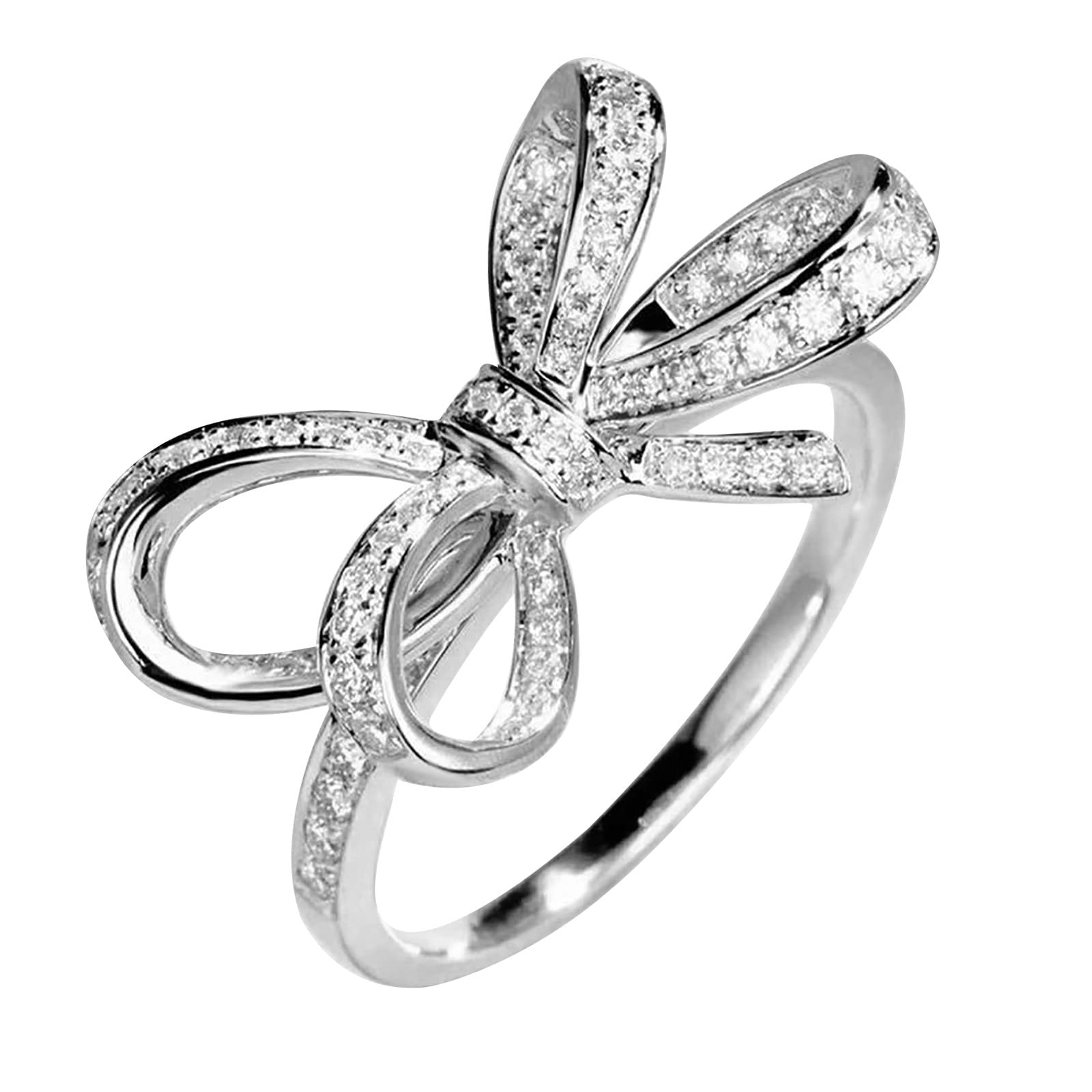 Fashion Women‘s Full Diamond Bow Ring Engagement Ring Jewelry Gifts Skinny Rings for Women (Silver, 10)