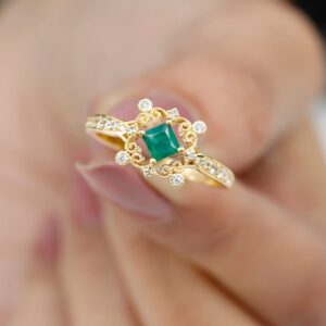 Rosec Jewels Certified Emerald Vintage Inspired Engagement Ring, AAA Quality, Natural Emerald Diamond Art Deco Ring, 14K Yellow Gold, Size:US 7.00