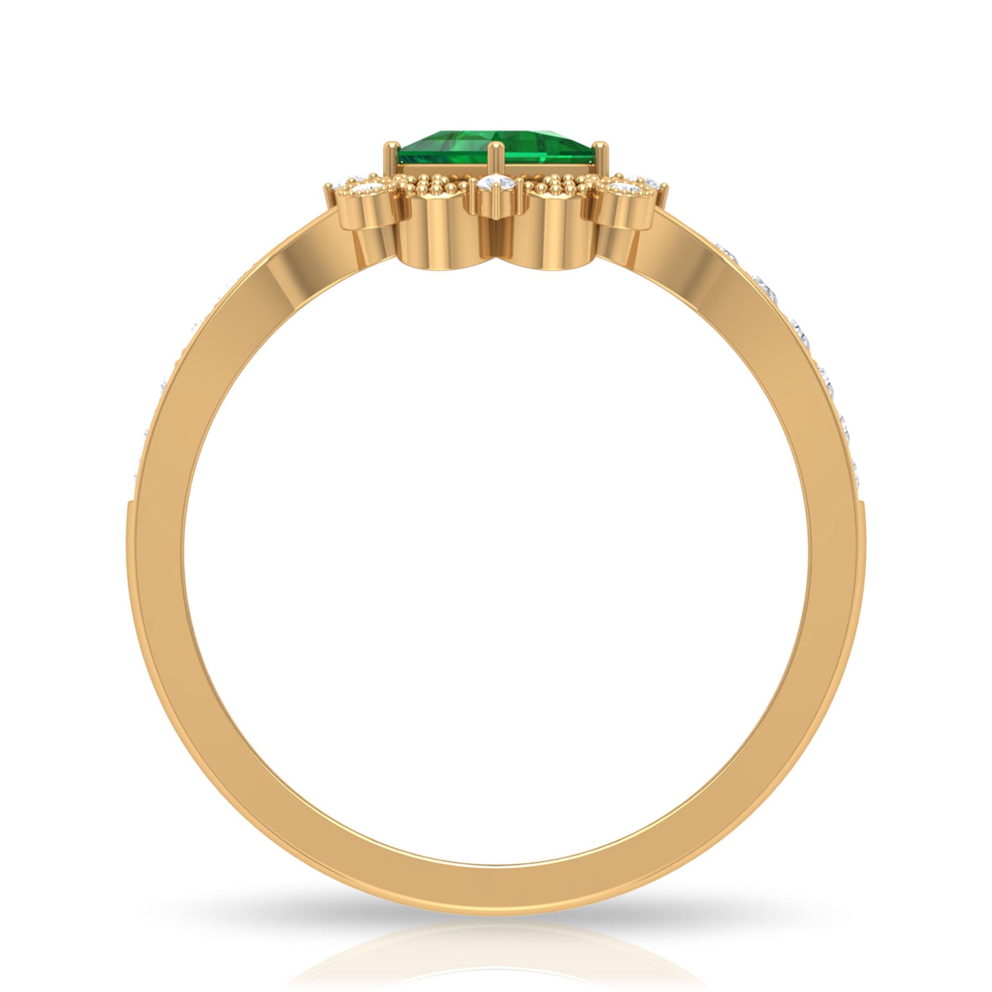 Rosec Jewels Certified Emerald Vintage Inspired Engagement Ring, AAA Quality, Natural Emerald Diamond Art Deco Ring, 14K Yellow Gold, Size:US 7.00