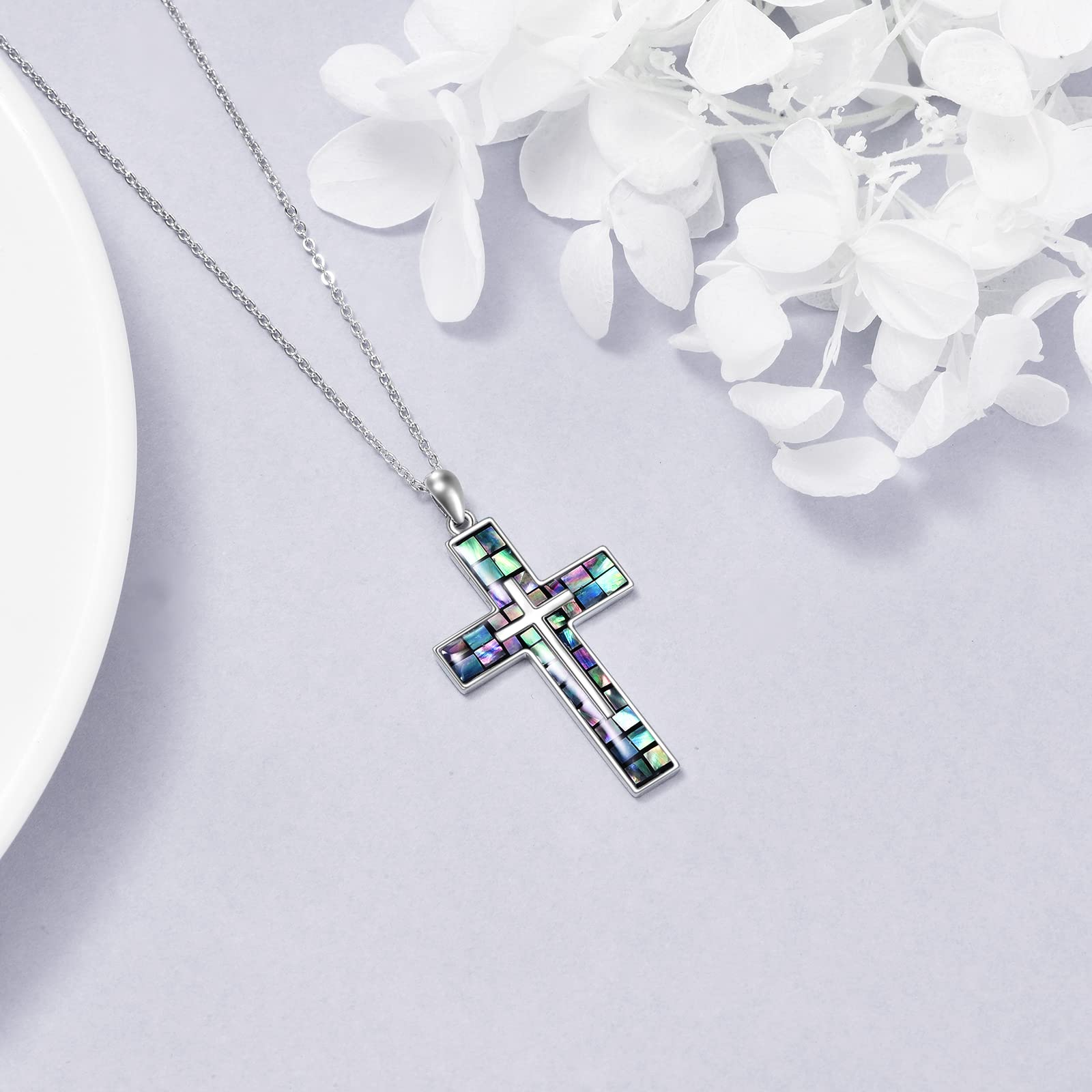 YFN Cross Necklace Sterling Silver Abalone Shell Cross Pendant Religious Jewelry Gifts for Women Men