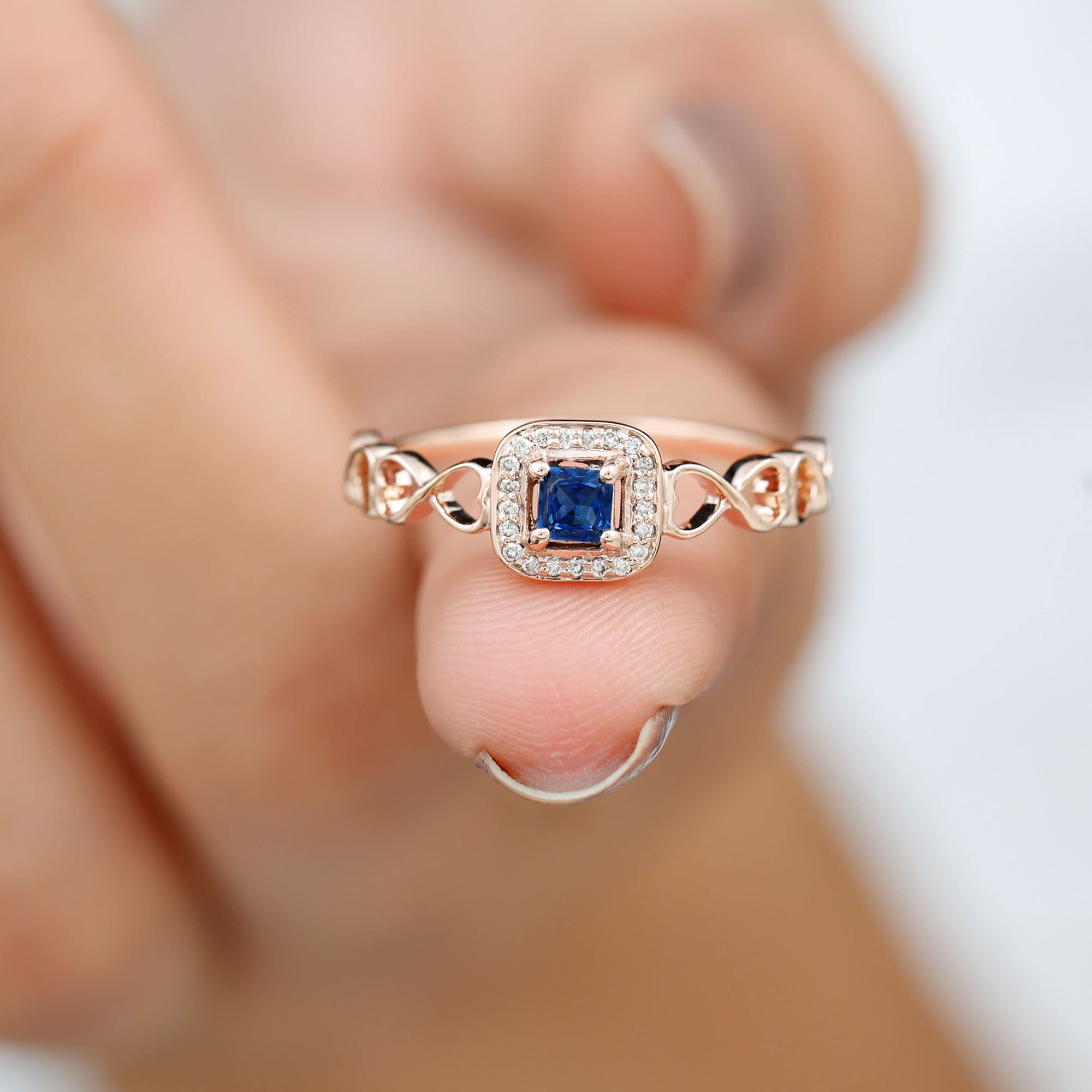 Certified Lab Grown Blue Sapphire Infinity Heart Ring with Diamond | AAAA Quality, 14K Rose Gold, Size:US 6.50