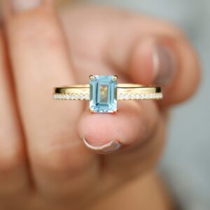 Rosec Jewels Natural Sky Blue Topaz Solitaire Engagement Ring with Diamond | 2.25 CT | AAA Quality, 14K Yellow Gold, Size:US 11.00