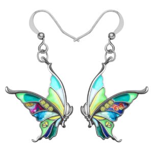 Enamel Alloy Rhinestone Butterfly Earrings Dangle Fashion Insect Summer Jewelry Butterfly Gfits for Women (Green)