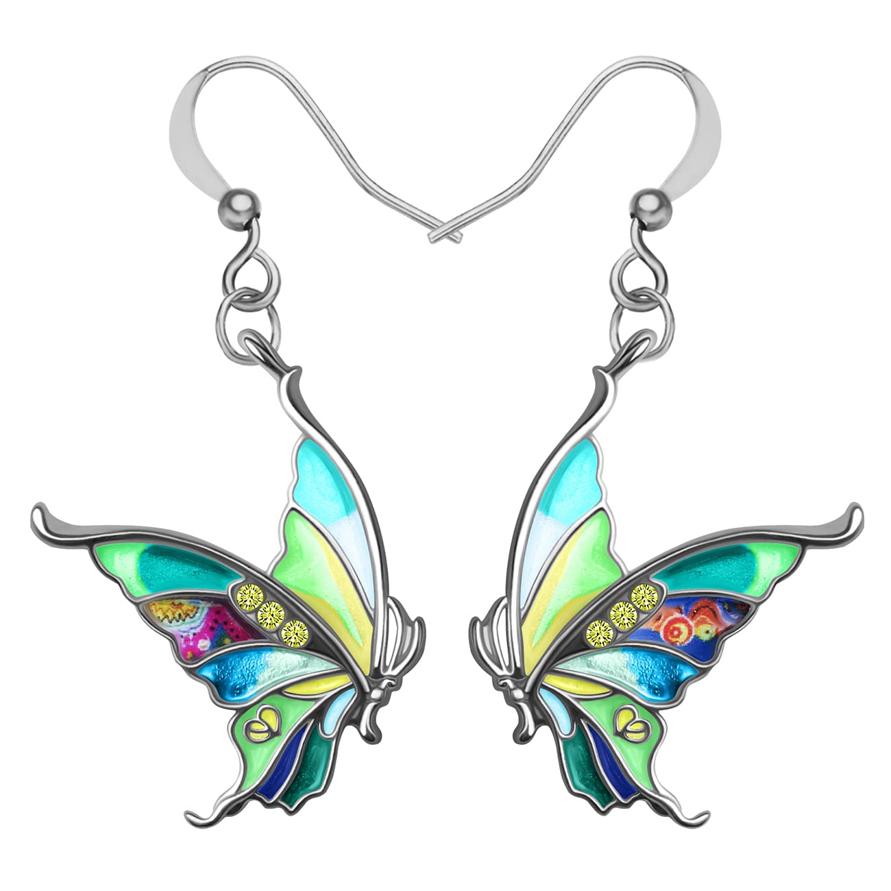 Enamel Alloy Rhinestone Butterfly Earrings Dangle Fashion Insect Summer Jewelry Butterfly Gfits for Women (Green)