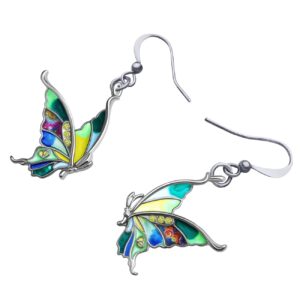 Enamel Alloy Rhinestone Butterfly Earrings Dangle Fashion Insect Summer Jewelry Butterfly Gfits for Women (Green)