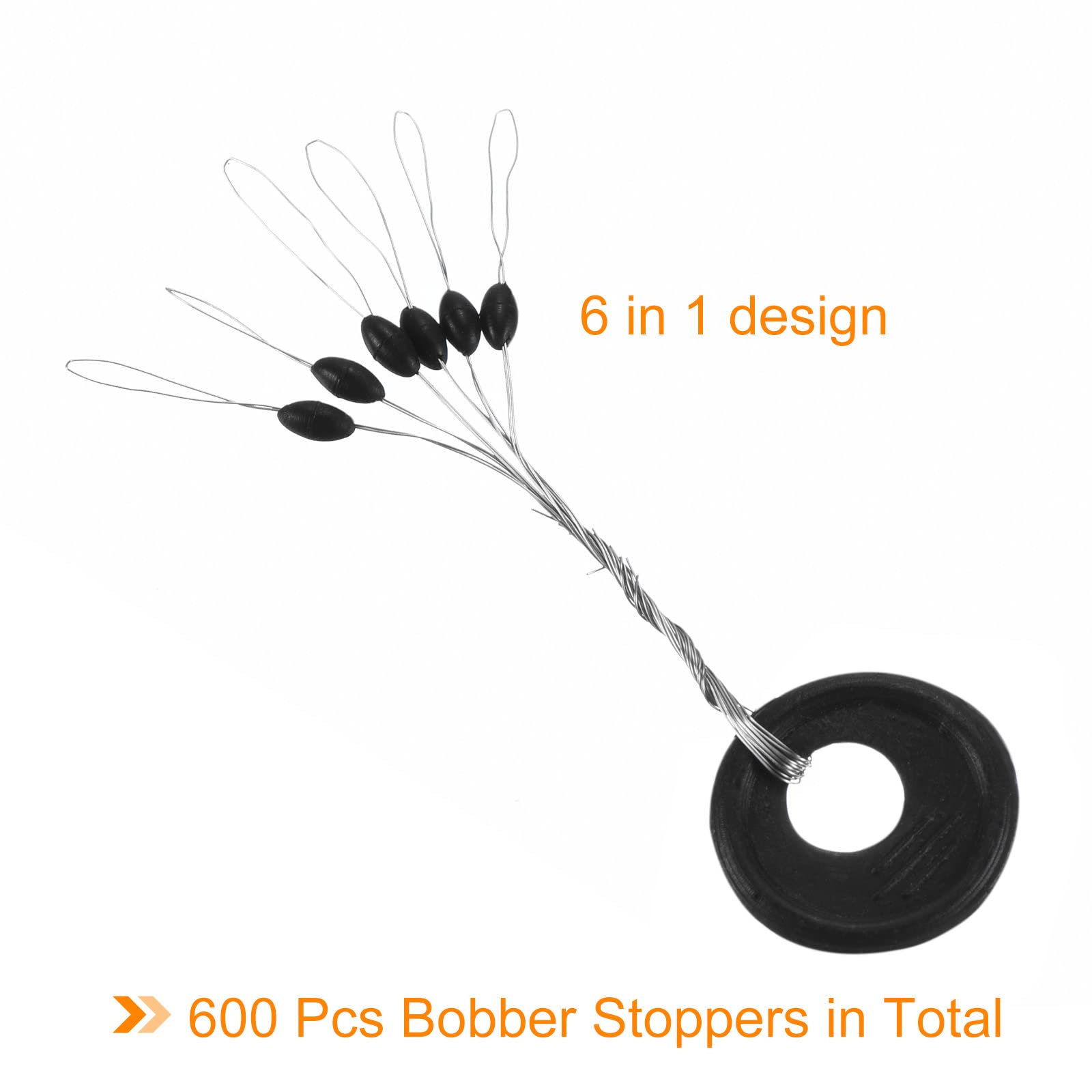 PATIKIL Fishing Rubber Bobber Beads Stoppers, 600 Pieces 6 in 1 Float Sinker Stops Oval Shape S Size for Fishing Line, Black