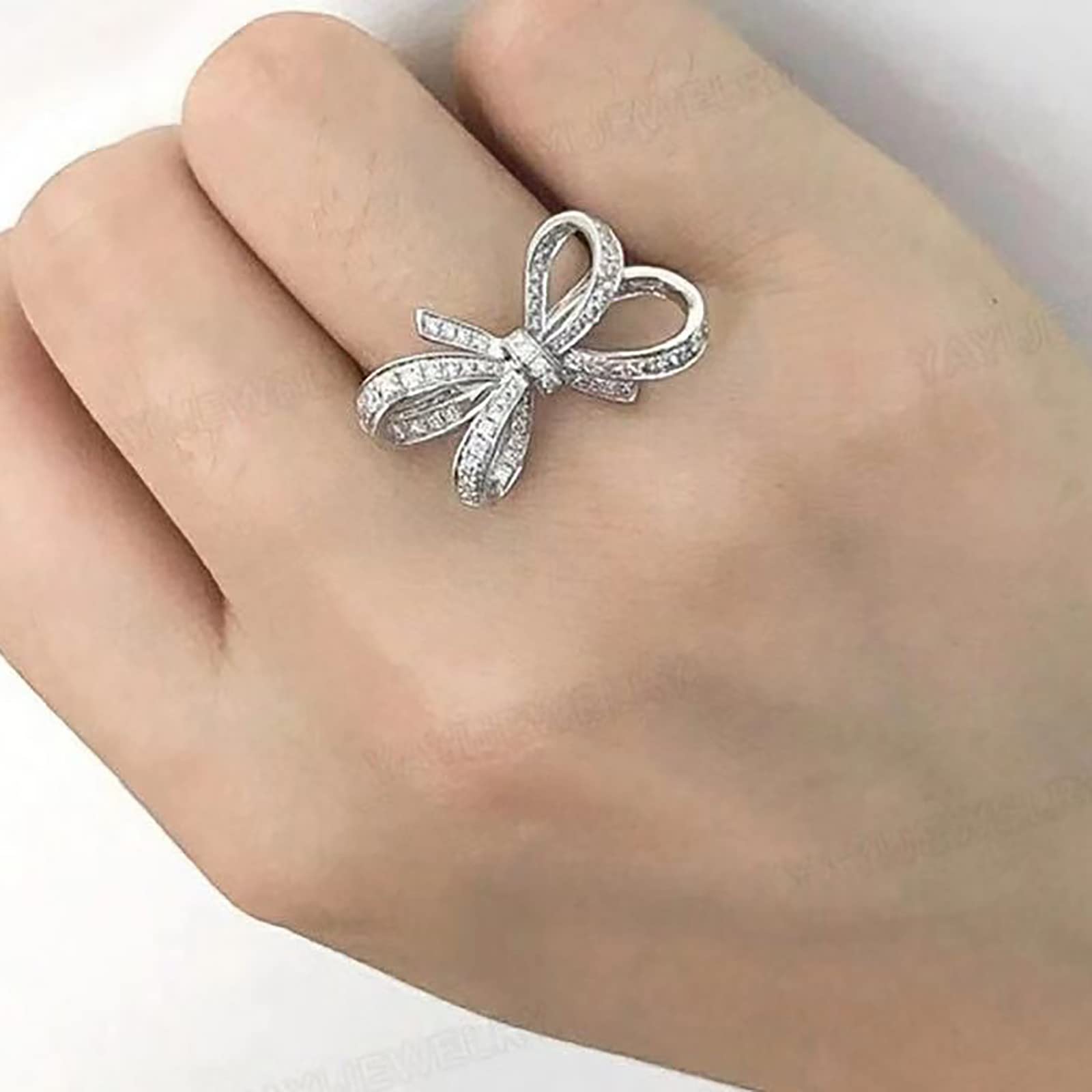 Fashion Women‘s Full Diamond Bow Ring Engagement Ring Jewelry Gifts Skinny Rings for Women (Silver, 10)