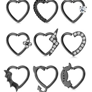 ORAZIO 9 Pairs Heart Daith Earring Cartilage Earrings Hoops Septum Nose Rings for Women Men Stainless Steel Helix Rook Snug Lobe Conch Daith Piercing Silver/Gold/Black/Rose Gold Tone Piercing Earrings