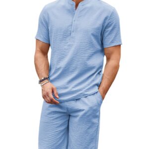 COOFANDY Men's 2 Pieces Linen Set Casual Henley Shirts Short Sleeve Beach Yoga Shorts Summer Pants Outfits