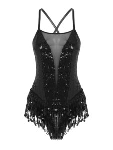 winchang womens mesh splice sequin leotard with fringe for latin dance gymnastics bodysuit black a small