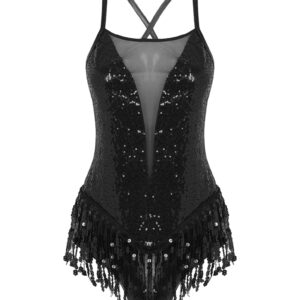 WinChang Womens Mesh Splice Sequin Leotard with Fringe for Latin Dance Gymnastics Bodysuit Black A Small