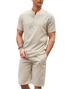 coofandy men's 2 pieces linen set casual henley shirts short sleeve beach yoga shorts summer pants outfits