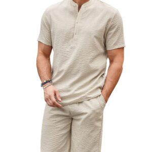 COOFANDY Men's 2 Pieces Linen Set Casual Henley Shirts Short Sleeve Beach Yoga Shorts Summer Pants Outfits