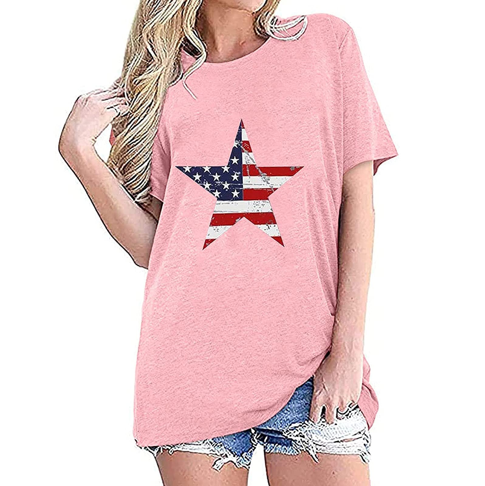 Womens American Flag Tops July 4th Sleeveless/Short Sleeve Tie Dye Print T-Shirt Casual Independence Day Patriotic Tees Pink