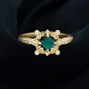 Rosec Jewels Certified Emerald Vintage Inspired Engagement Ring, AAA Quality, Natural Emerald Diamond Art Deco Ring, 14K Yellow Gold, Size:US 7.00